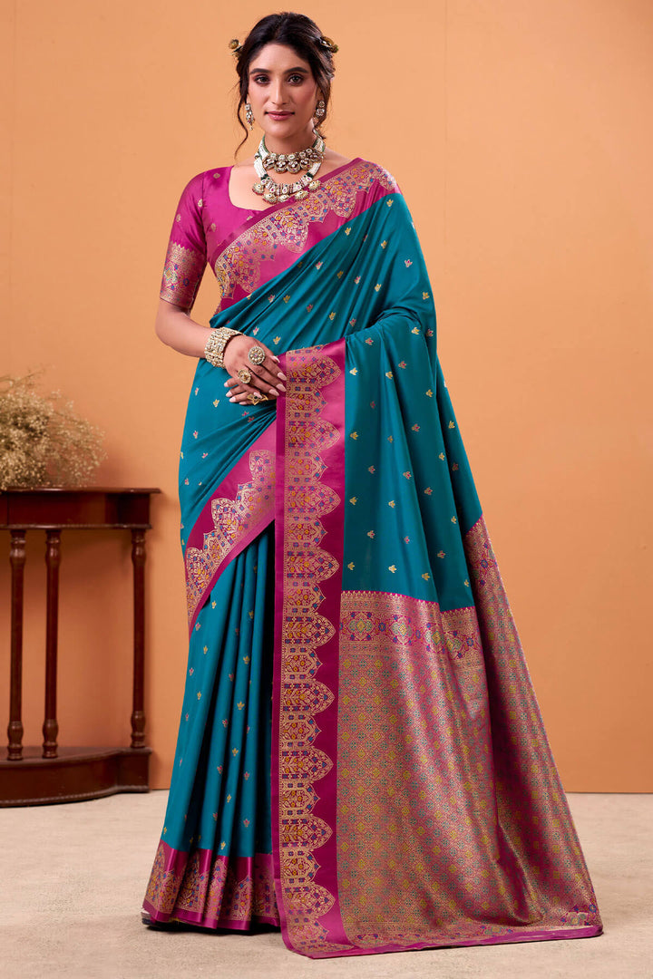 Peacock Blue Zari Woven Satin Silk Saree