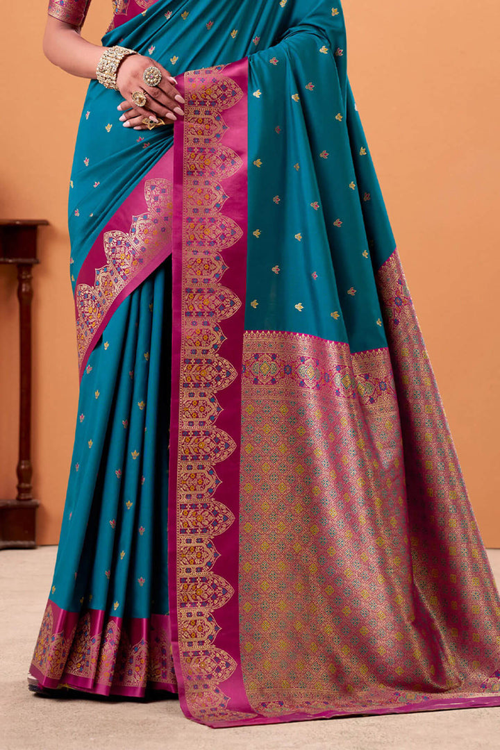 Peacock Blue Zari Woven Satin Silk Saree