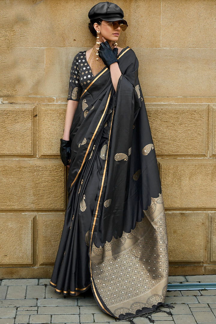 Pearl Black Banarasi Satin Silk Saree