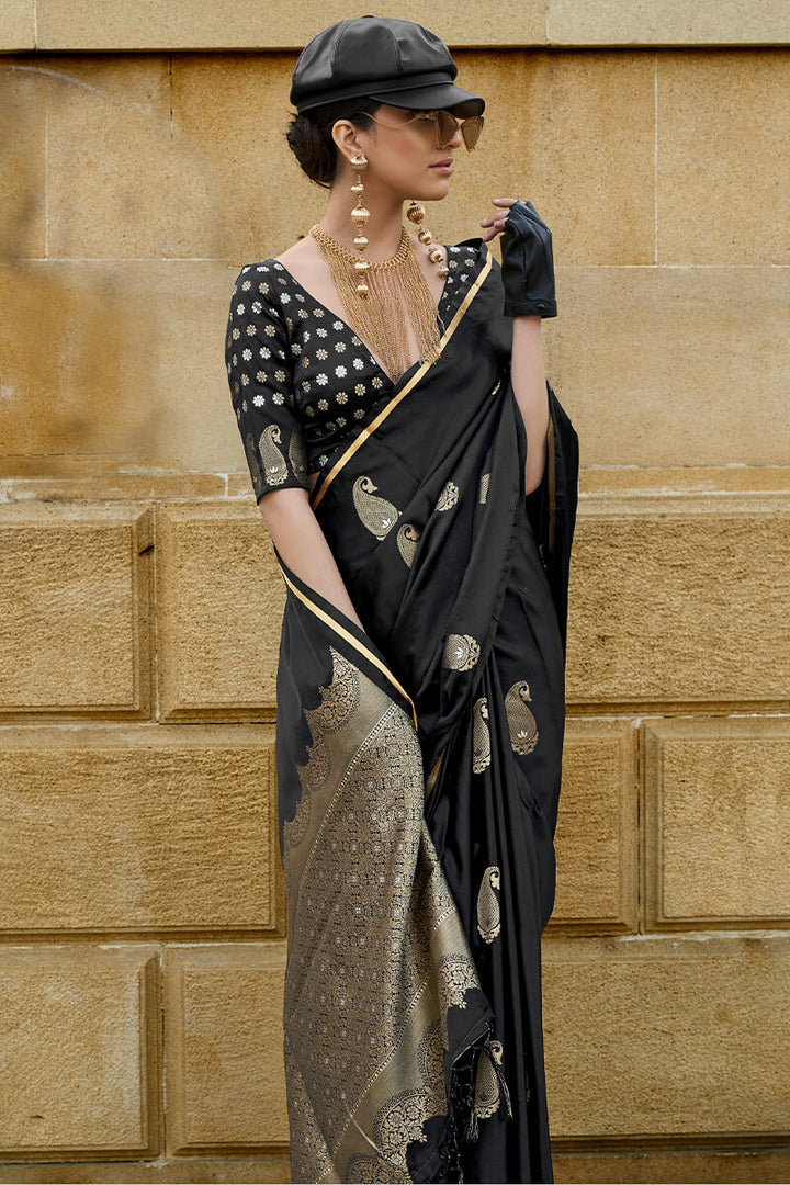 Pearl Black Banarasi Satin Silk Saree