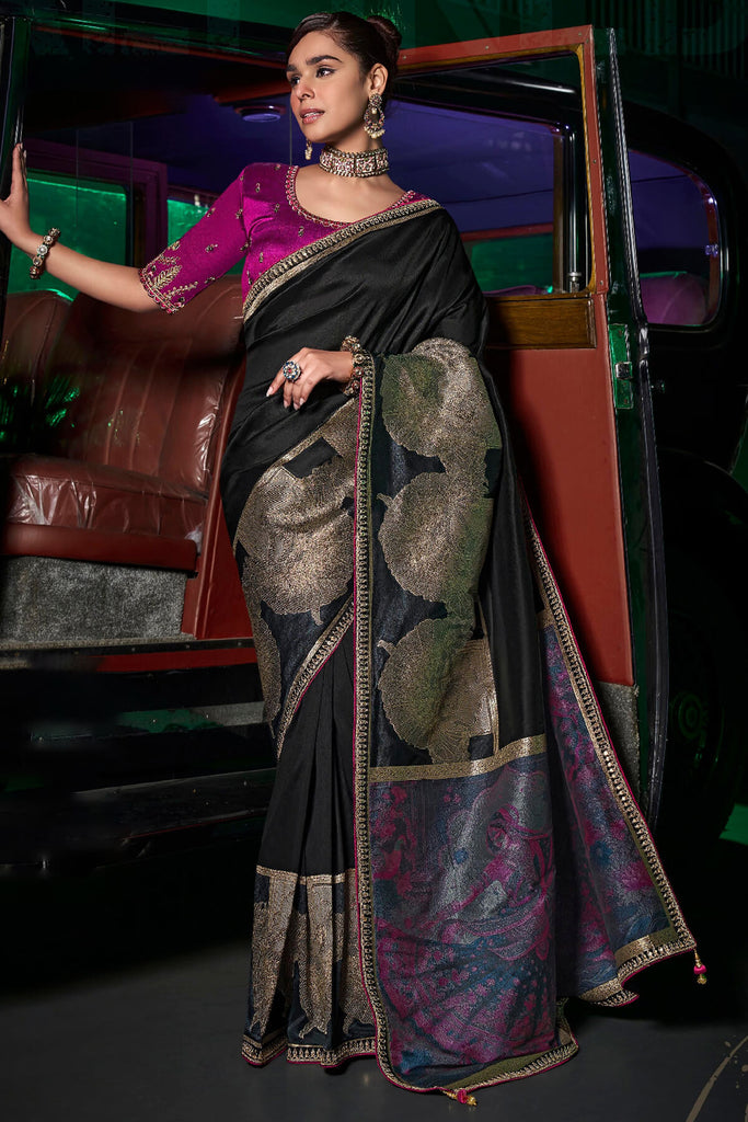 Pearl Black Pure Silk Saree With Fancy Lace Border and Embroidery Blouse