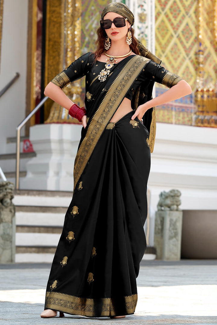 Pearl Black Zari Woven Banarasi Satin Silk Saree