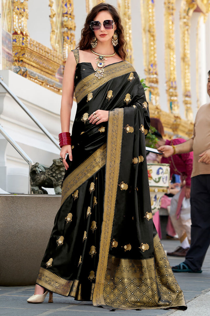 Pearl Black Zari Woven Banarasi Satin Silk Saree