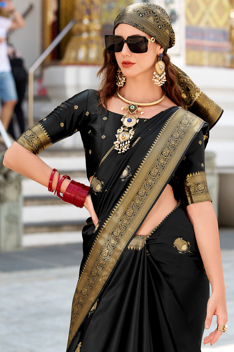 Pearl Black Zari Woven Banarasi Satin Silk Saree