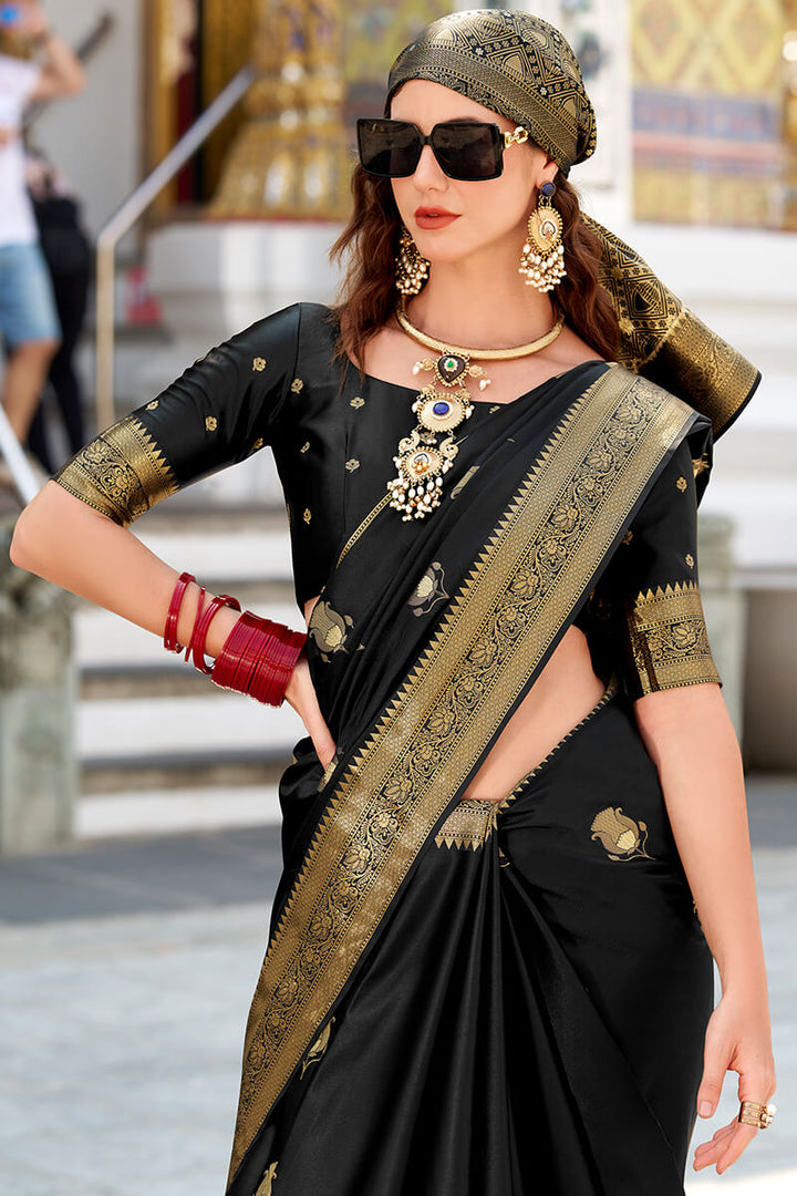 Pearl Black Zari Woven Banarasi Satin Silk Saree