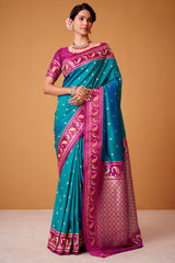 Persian Blue Banarasi Soft Satin Silk Saree