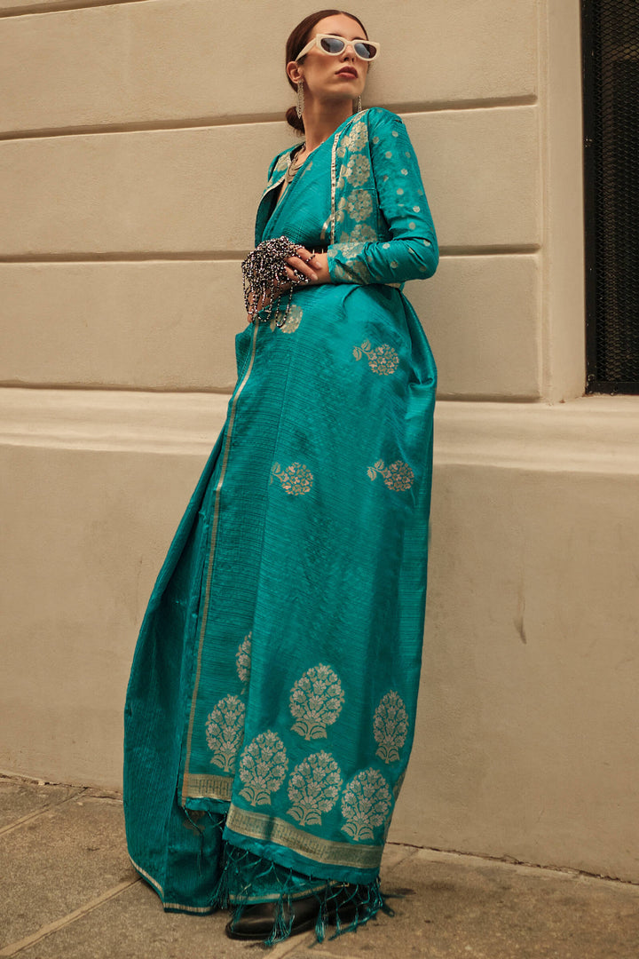 Persian Green Zari Line Banarasi Satin Silk Saree