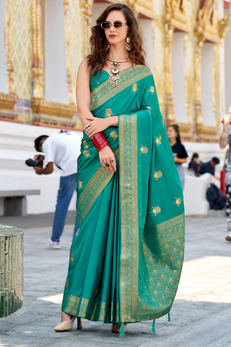 Persian Green Zari Woven Banarasi Satin Silk Saree