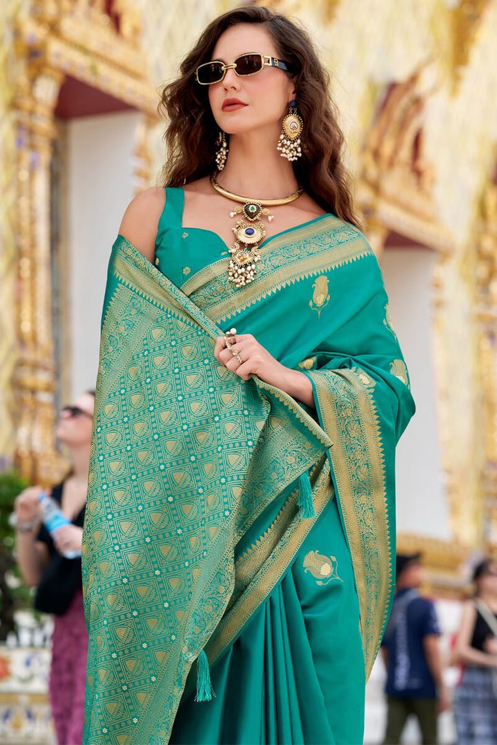 Persian Green Zari Woven Banarasi Satin Silk Saree