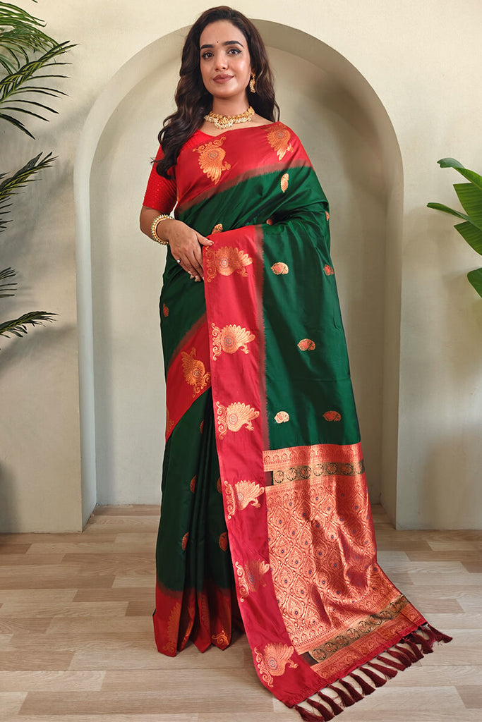 Phthalo Green Soft Banarasi Silk Saree With Chaap Border