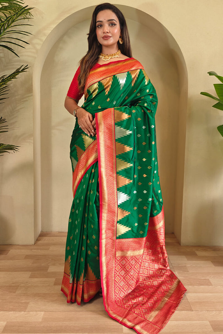 Pine Green Zari Woven Banarasi Silk Saree