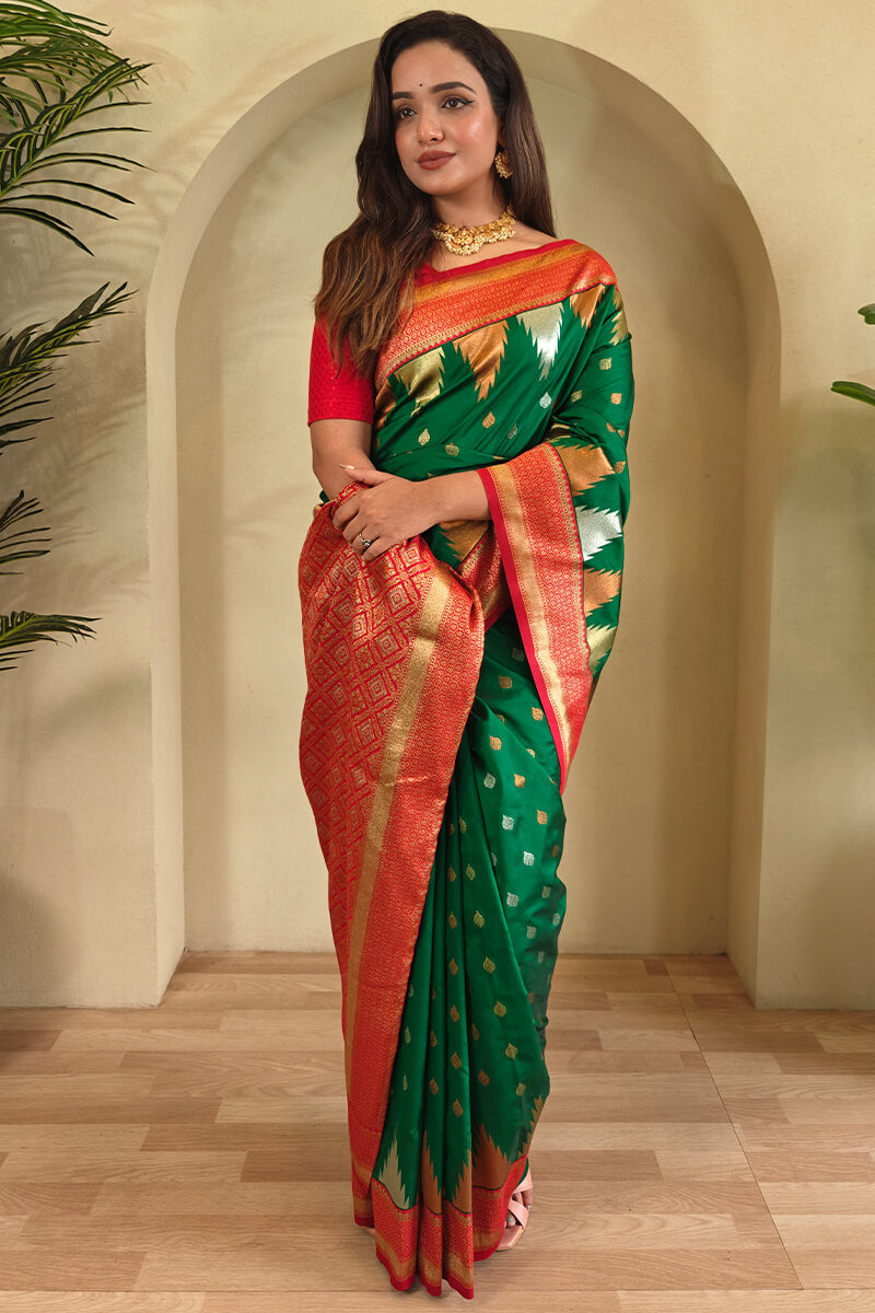 Pine Green Zari Woven Banarasi Silk Saree