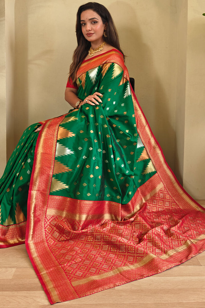 Pine Green Zari Woven Banarasi Silk Saree