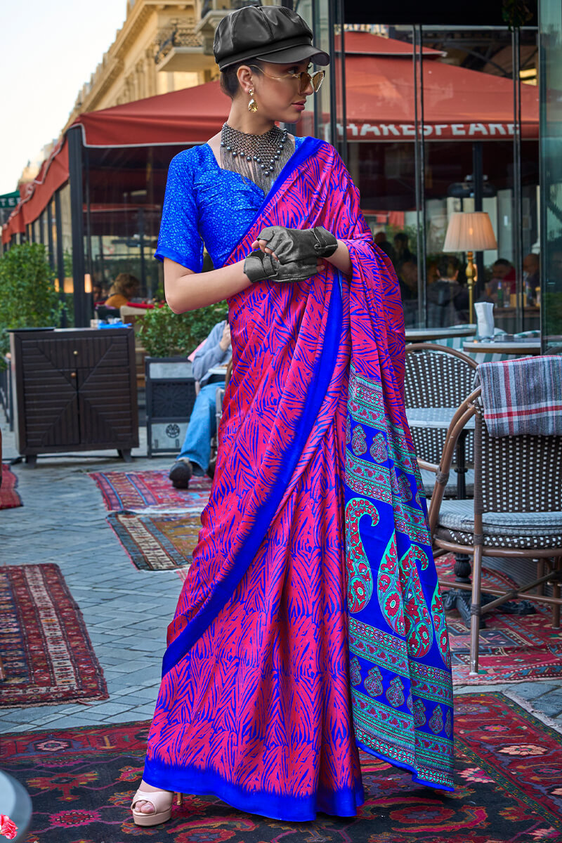 Pink and Blue Printed Satin Silk Saree