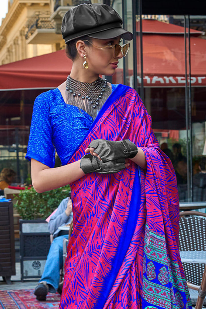 Pink and Blue Printed Satin Silk Saree