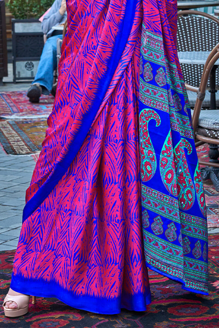 Pink and Blue Printed Satin Silk Saree