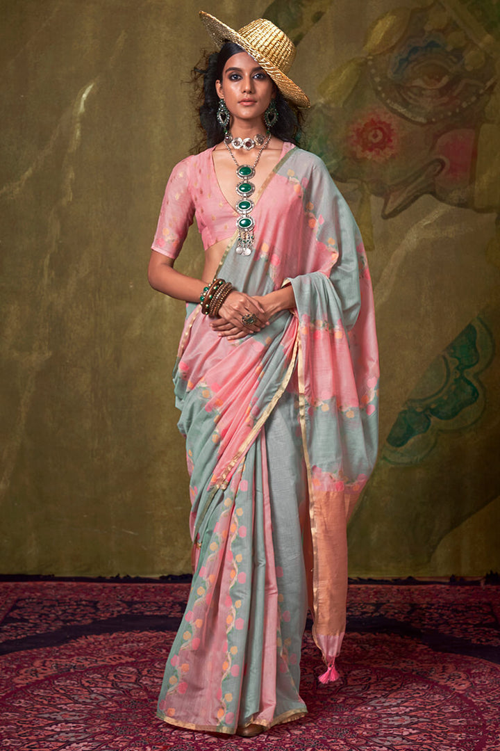 Pink and Grey Pure Spun Cotton Rangkat Silk Saree
