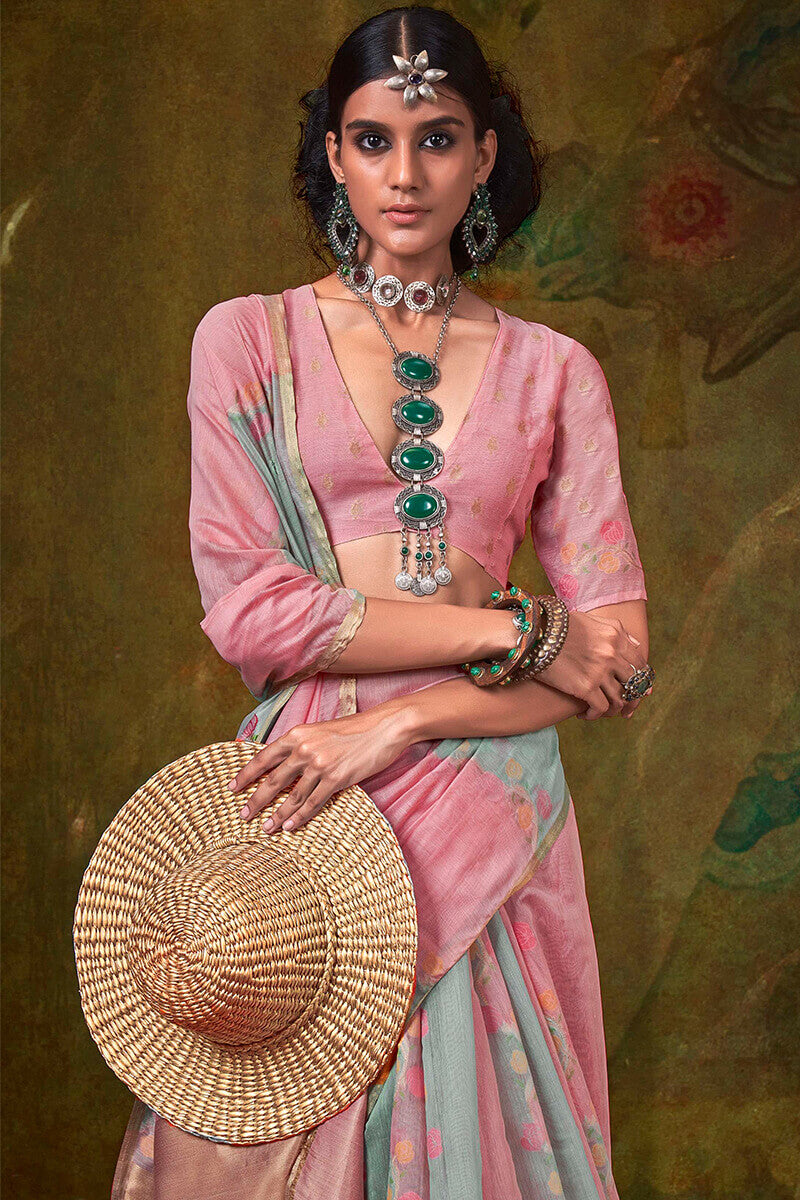 Pink and Grey Pure Spun Cotton Rangkat Silk Saree