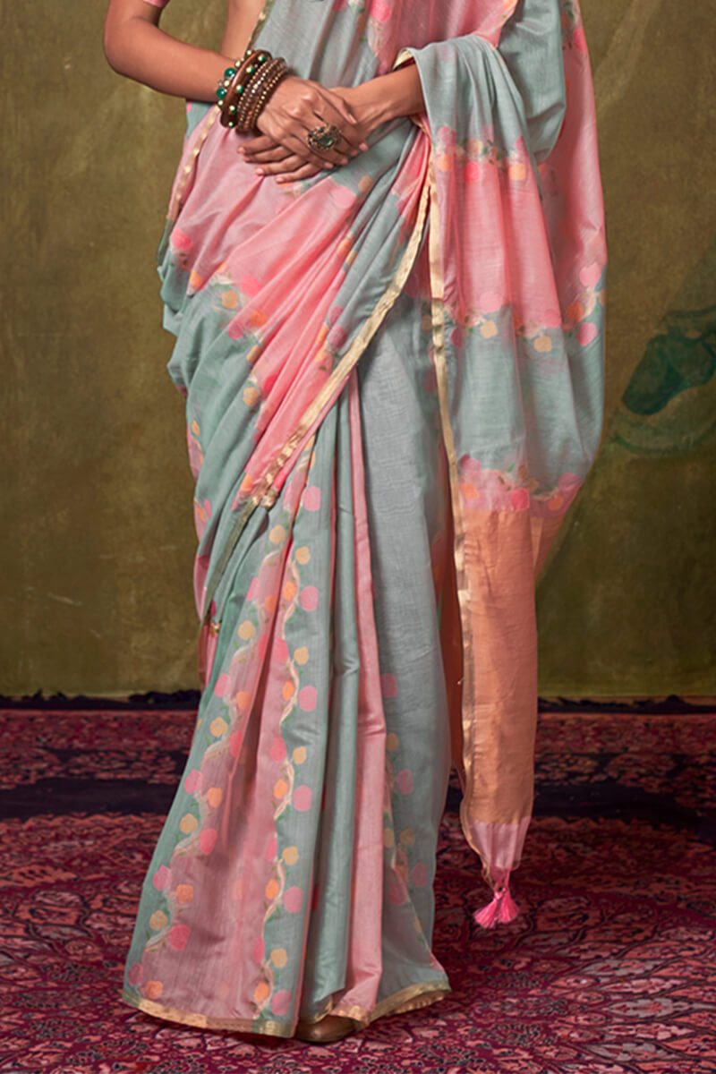Pink and Grey Pure Spun Cotton Rangkat Silk Saree