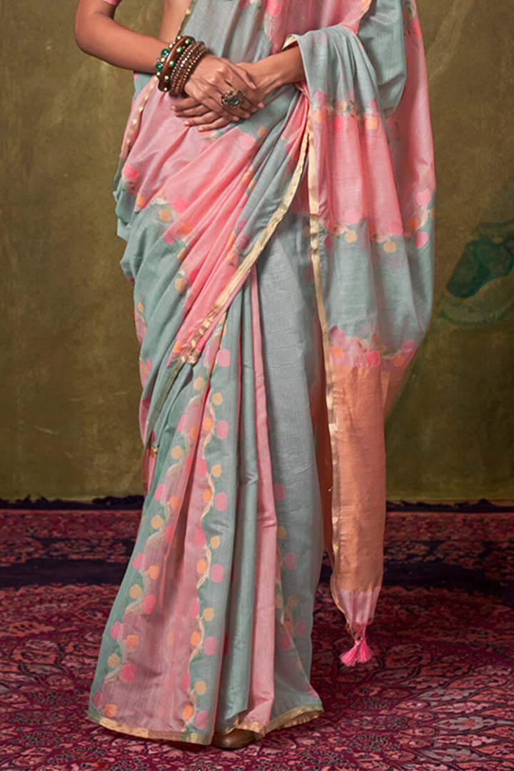 Pink and Grey Pure Spun Cotton Rangkat Silk Saree