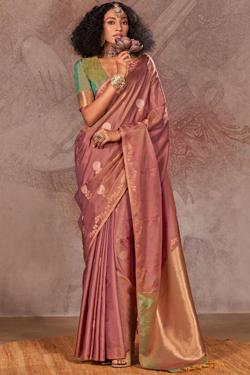 Pinkish Brown Banarasi Two Tone Silk Saree