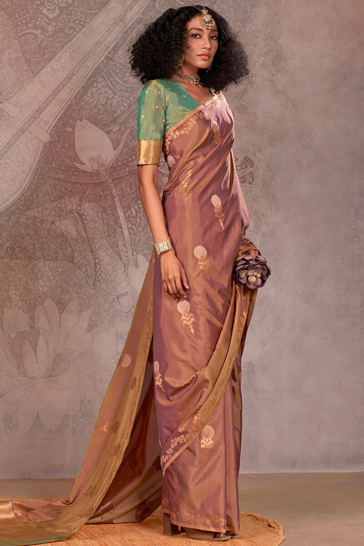 Pinkish Brown Banarasi Two Tone Silk Saree