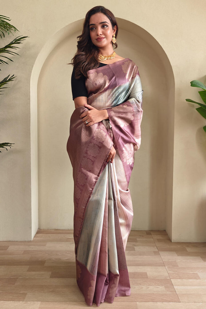 Pinkish Brown Silver Zari Woven Printed Silk Saree