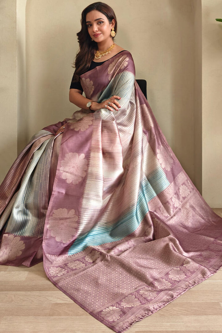 Pinkish Brown Silver Zari Woven Printed Silk Saree