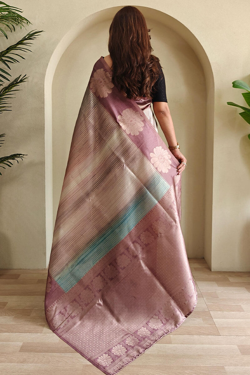 Pinkish Brown Silver Zari Woven Printed Silk Saree
