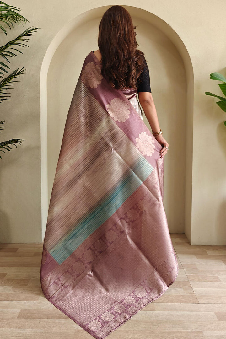 Pinkish Brown Silver Zari Woven Printed Silk Saree
