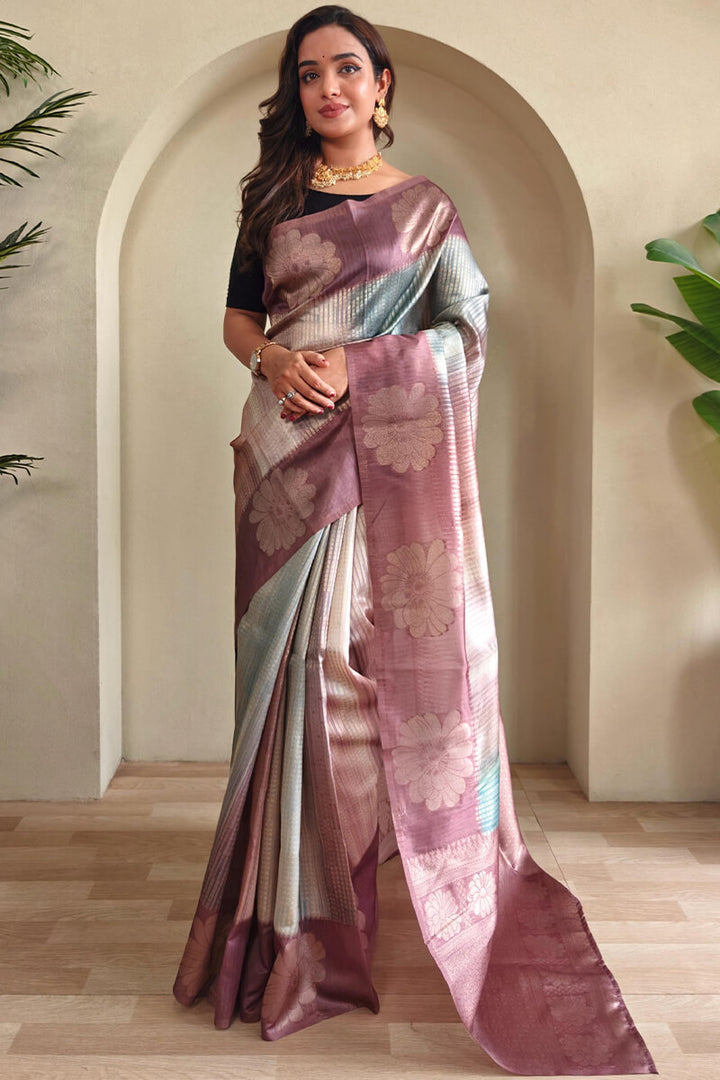 Pinkish Brown Silver Zari Woven Printed Silk Saree