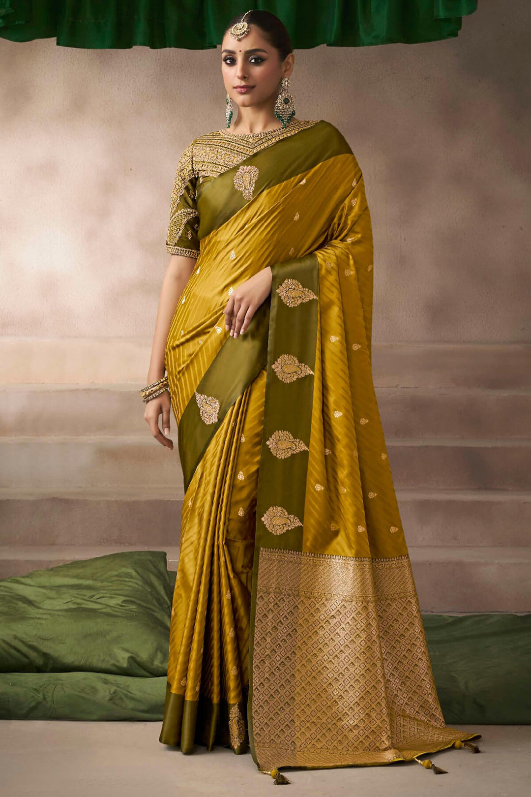 Pirate Gold Zari Woven Satin Silk Saree With Heavy Embroidery Blouse Piece