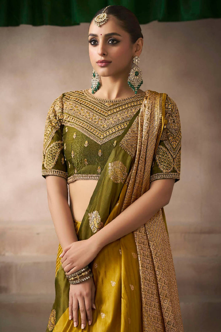 Pirate Gold Zari Woven Satin Silk Saree With Heavy Embroidery Blouse Piece