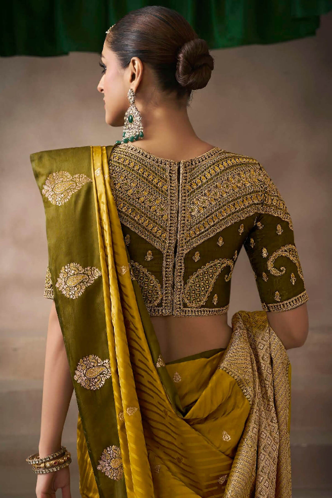 Pirate Gold Zari Woven Satin Silk Saree With Heavy Embroidery Blouse Piece