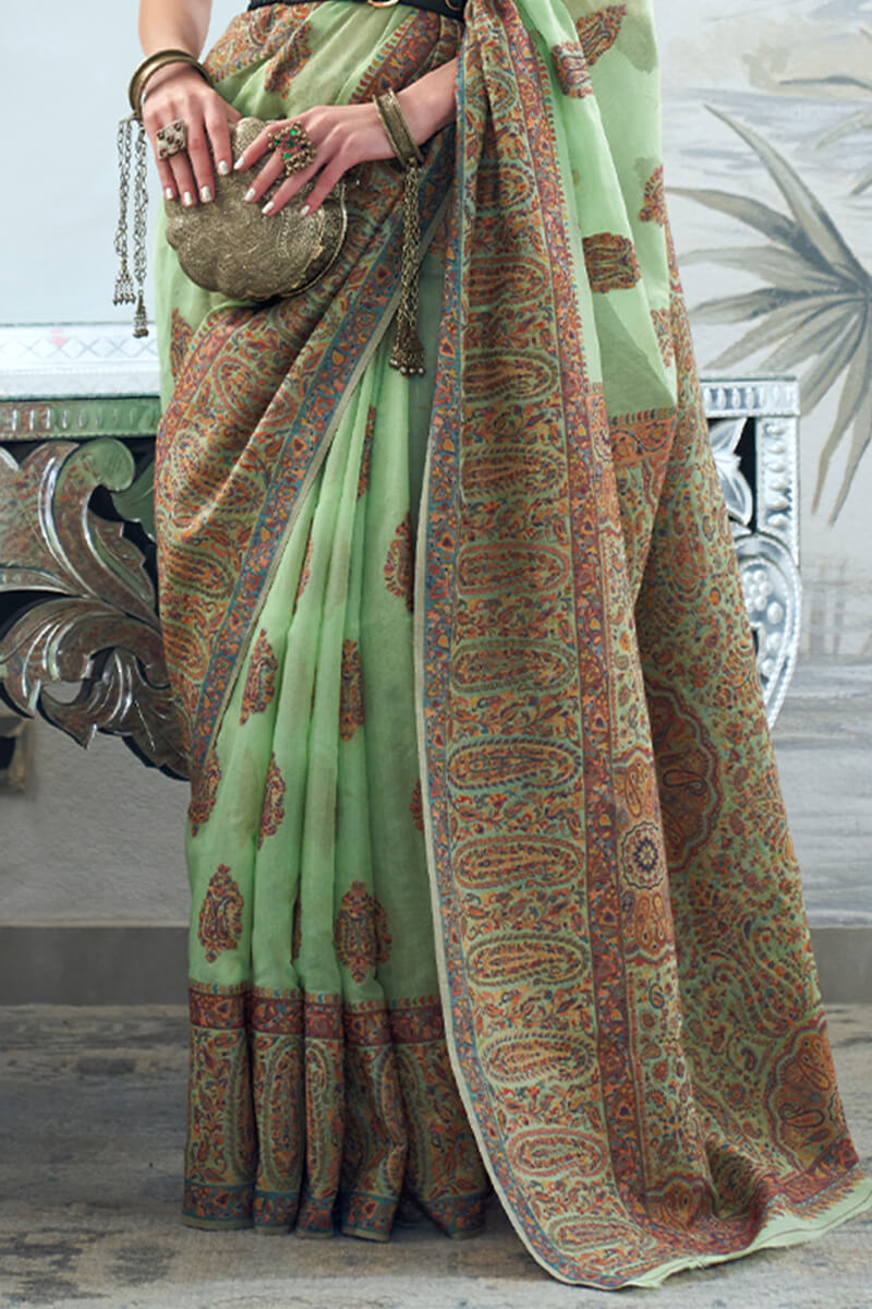 Pistachio Green Kashmiri Modal Pashmina Silk Saree