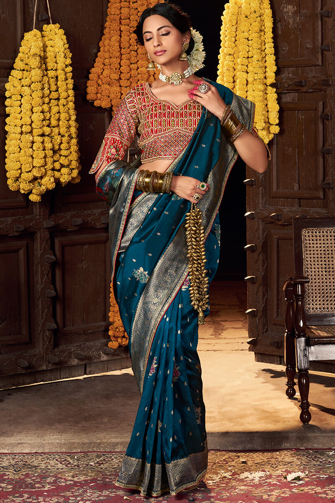 Prussian Blue Pure Silk Saree With Embroidery Blouse