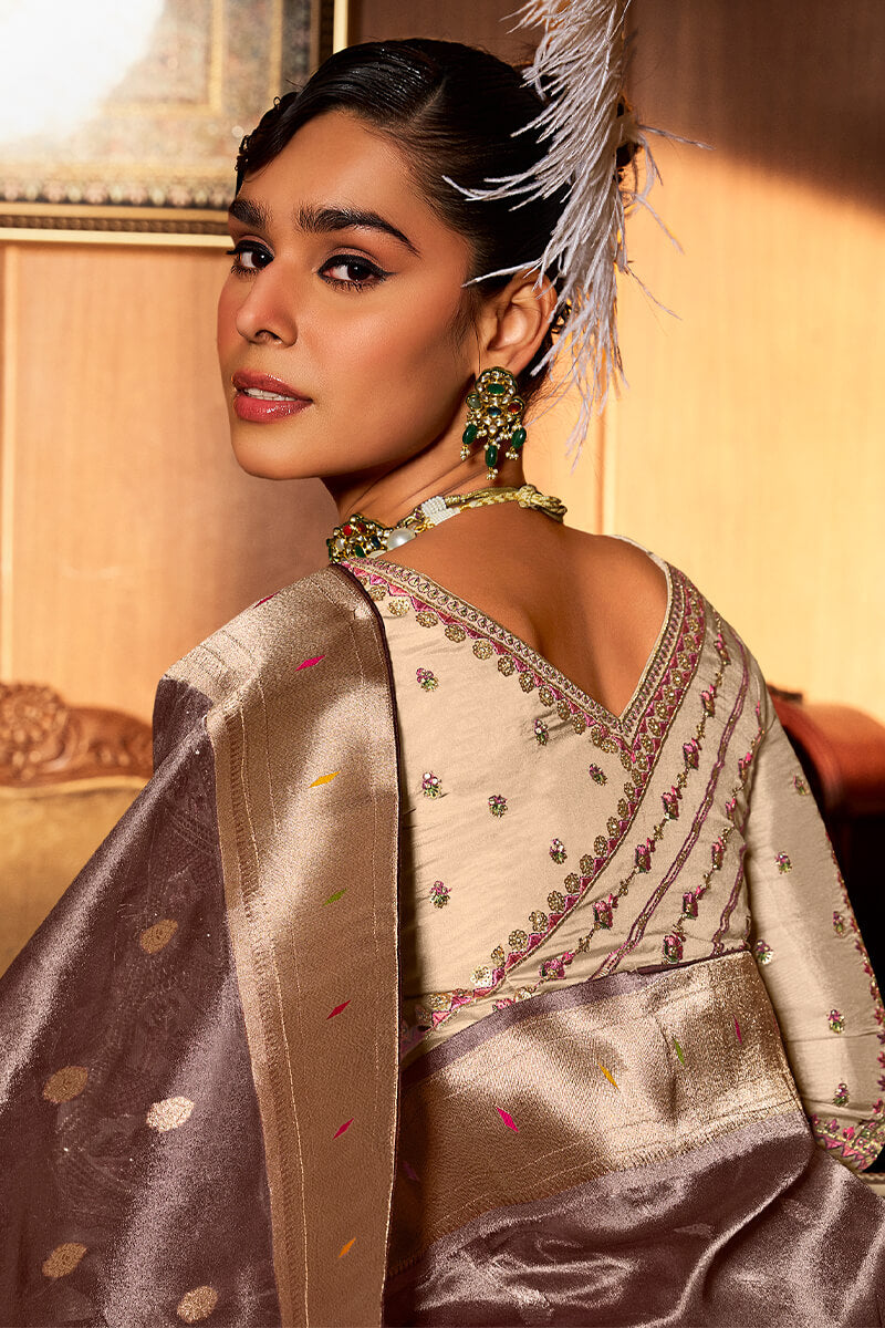 Purplish Brown Paithani Tissue Silk Saree With Embroidery Blouse