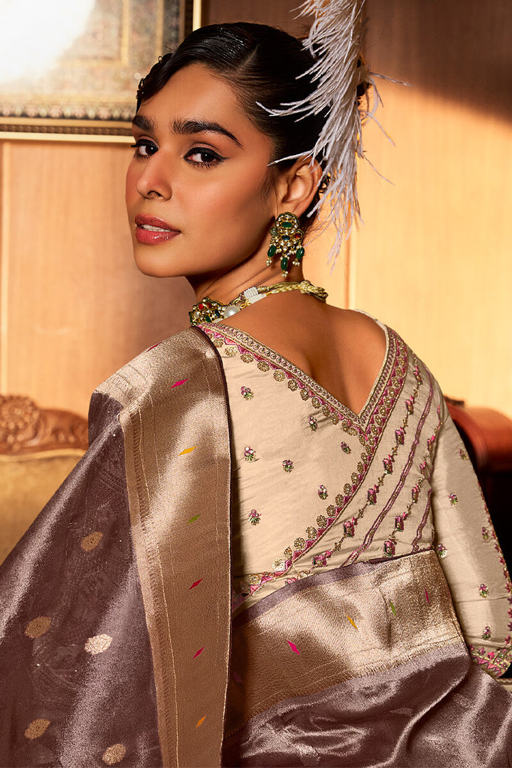 Purplish Brown Paithani Tissue Silk Saree With Embroidery Blouse