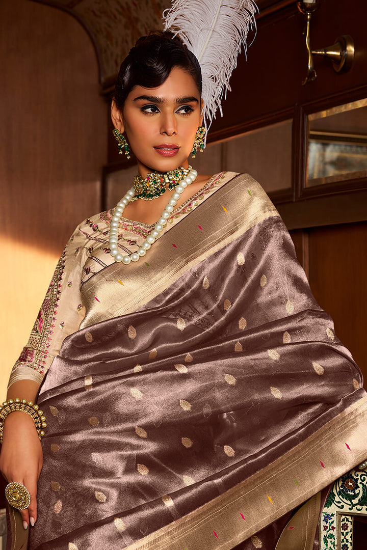 Purplish Brown Paithani Tissue Silk Saree With Embroidery Blouse