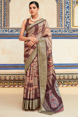 Purplish Brown Printed Dola Silk Saree