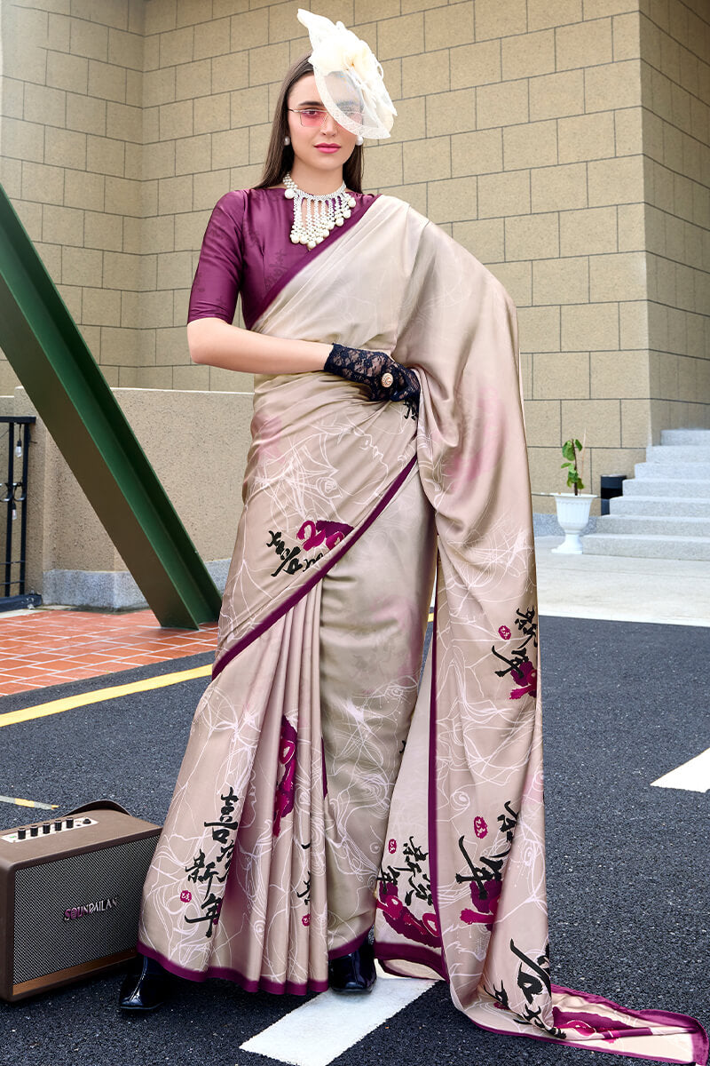 Quill Grey Printed Satin Crepe Silk Saree