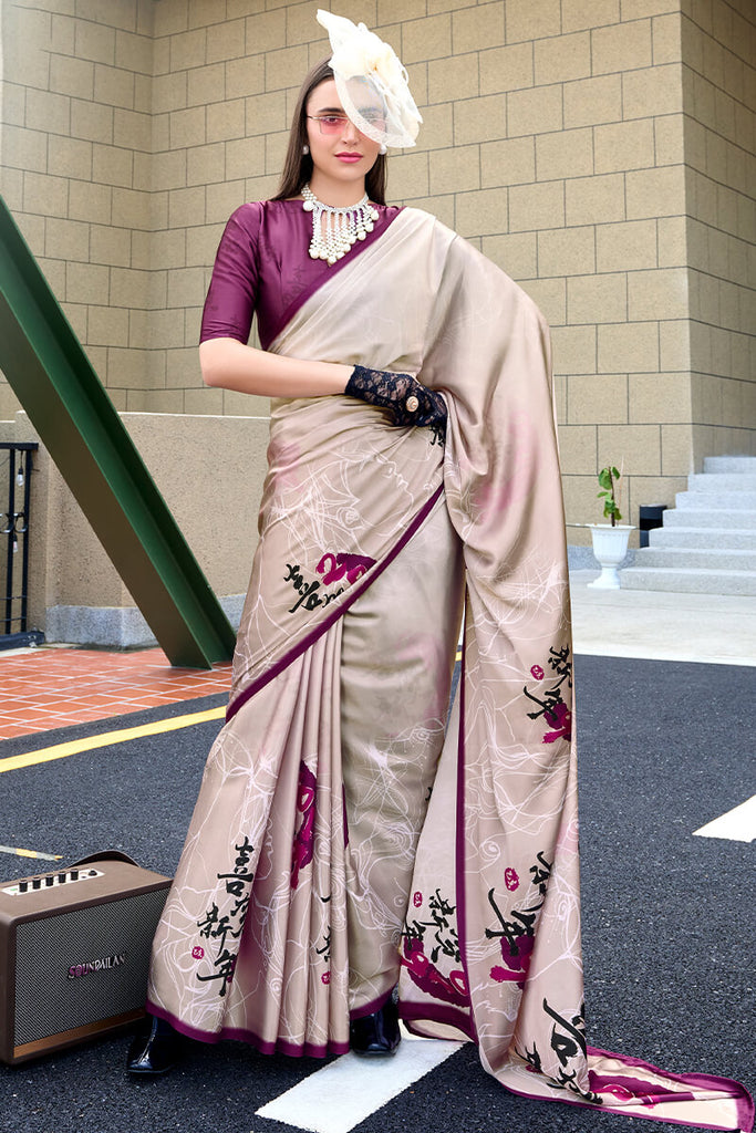 Quill Grey Printed Satin Crepe Silk Saree