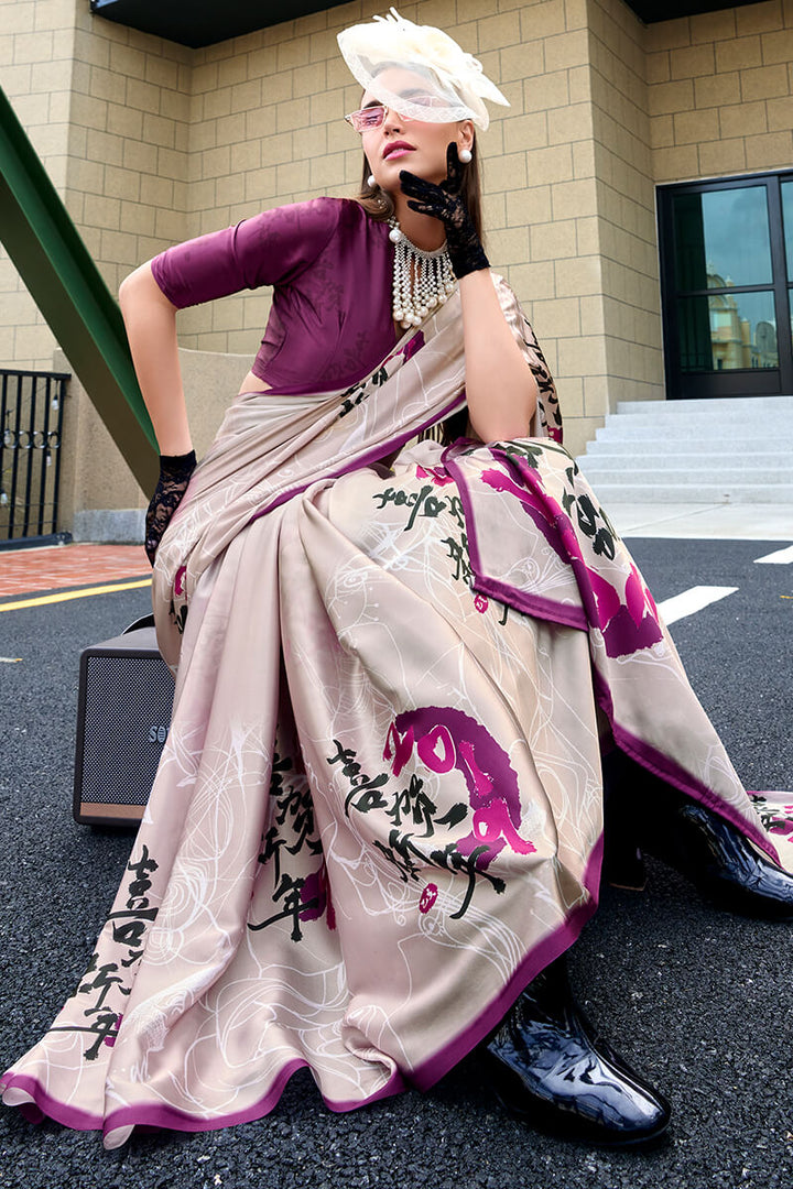 Quill Grey Printed Satin Crepe Silk Saree