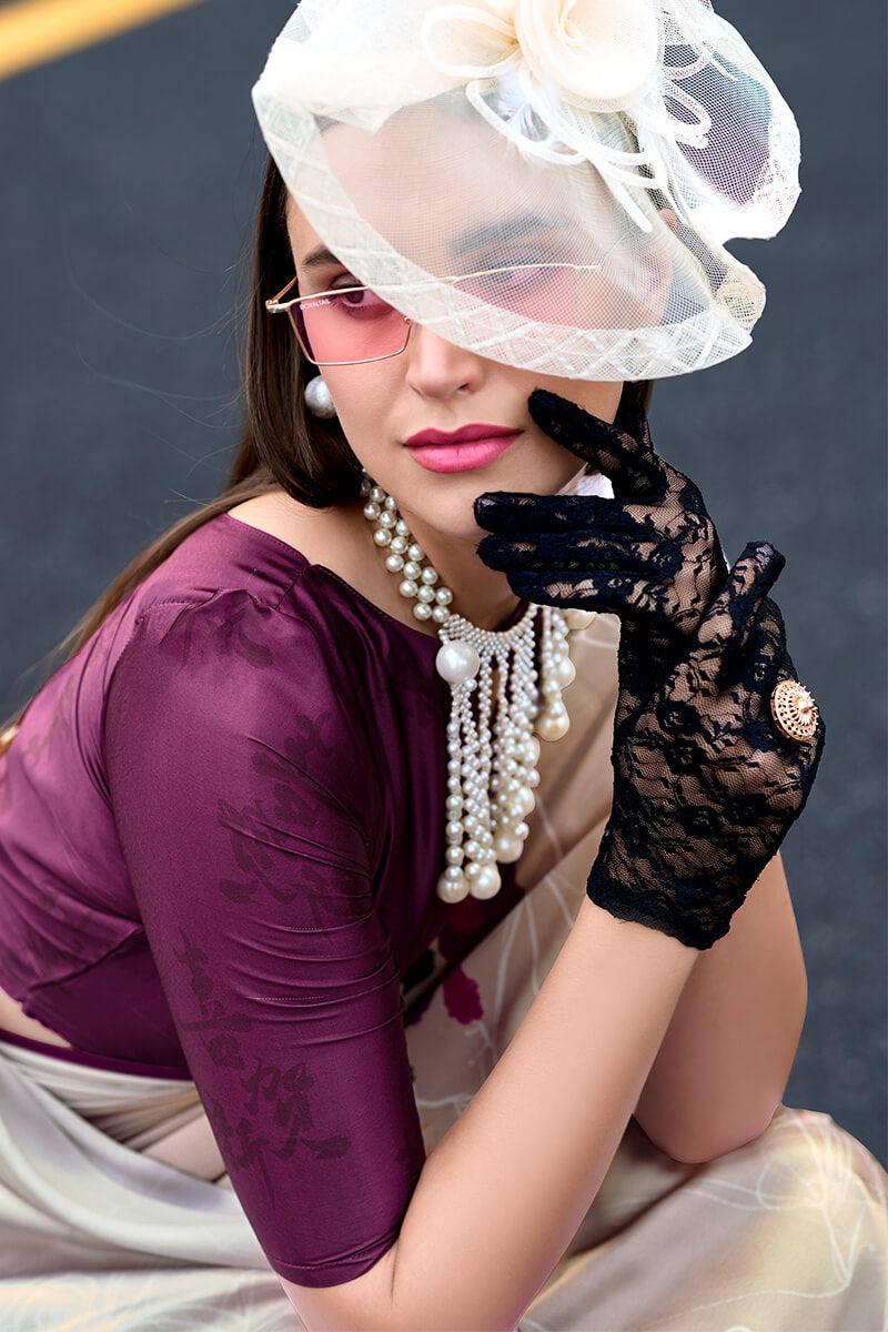 Quill Grey Printed Satin Crepe Silk Saree