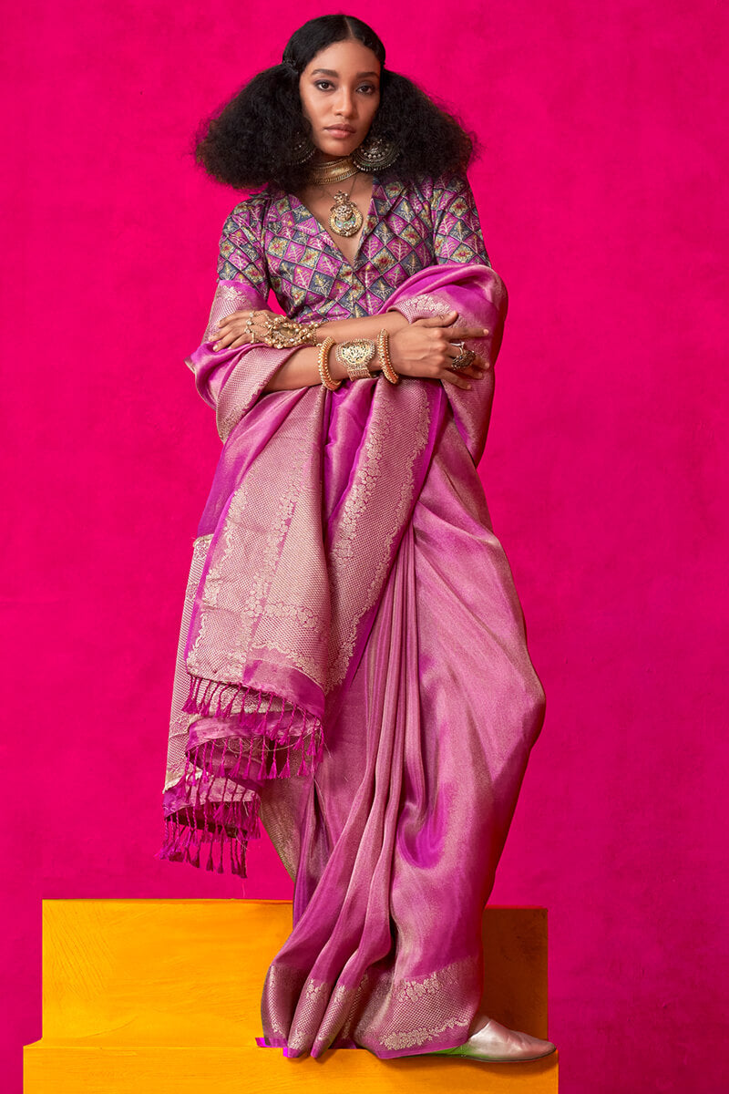 Raspberry Pink Tissue Silk Saree With Embroidery Blouse Piece
