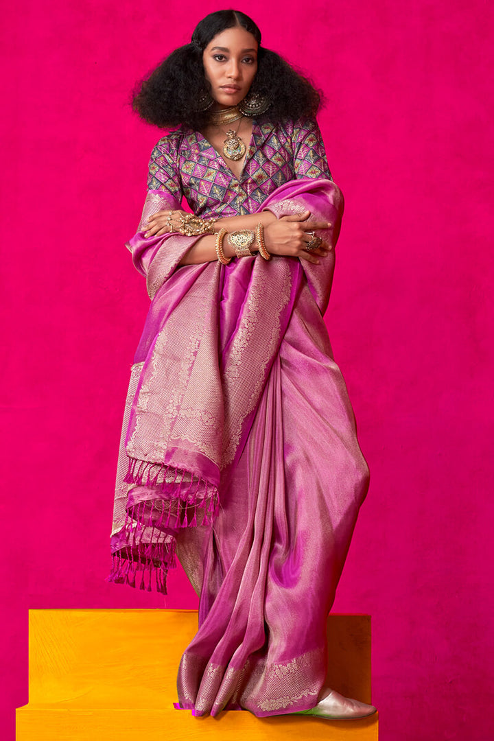 Raspberry Pink Tissue Silk Saree With Embroidery Blouse Piece