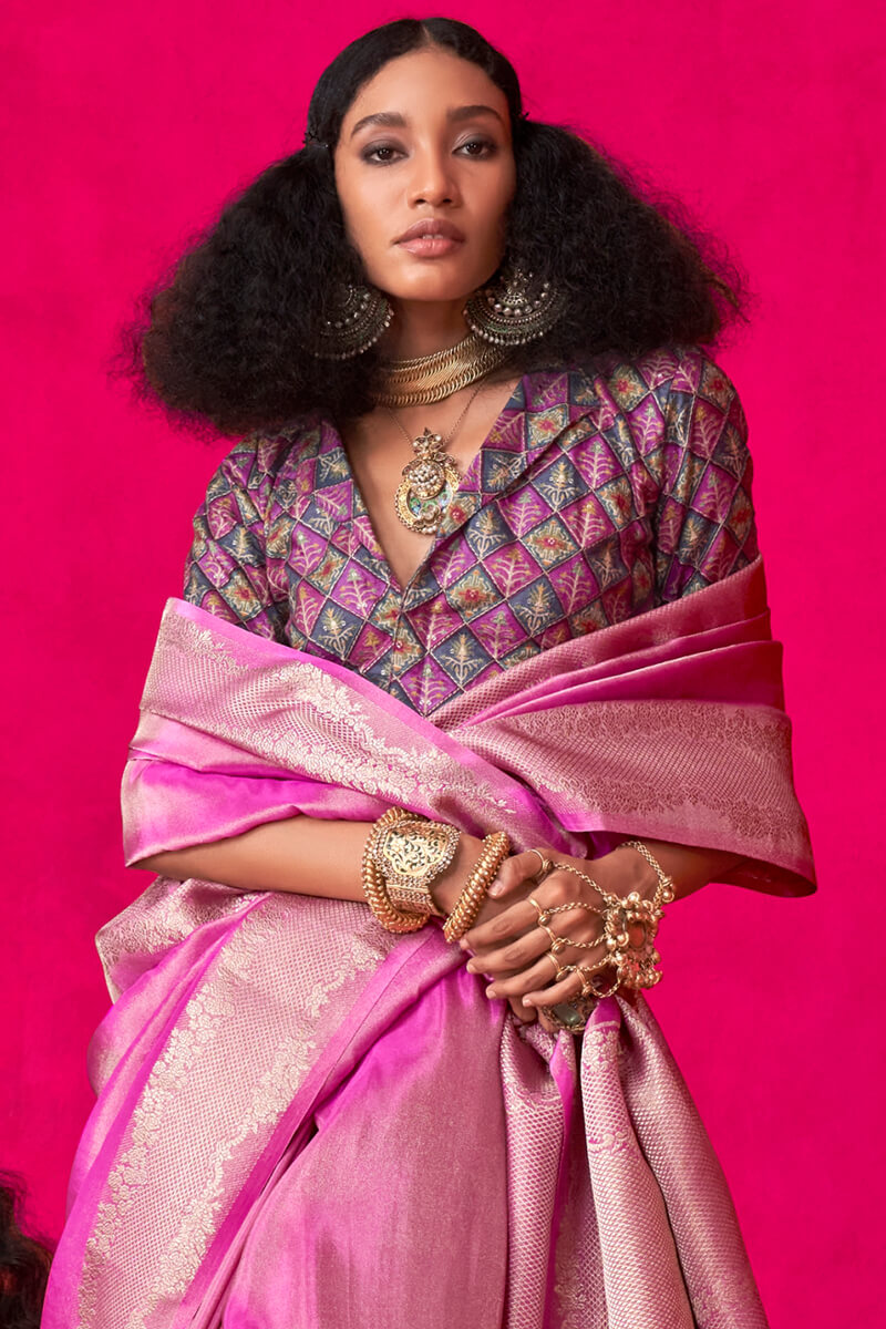 Raspberry Pink Tissue Silk Saree With Embroidery Blouse Piece