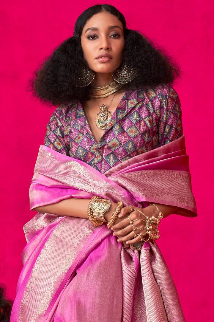 Raspberry Pink Tissue Silk Saree With Embroidery Blouse Piece