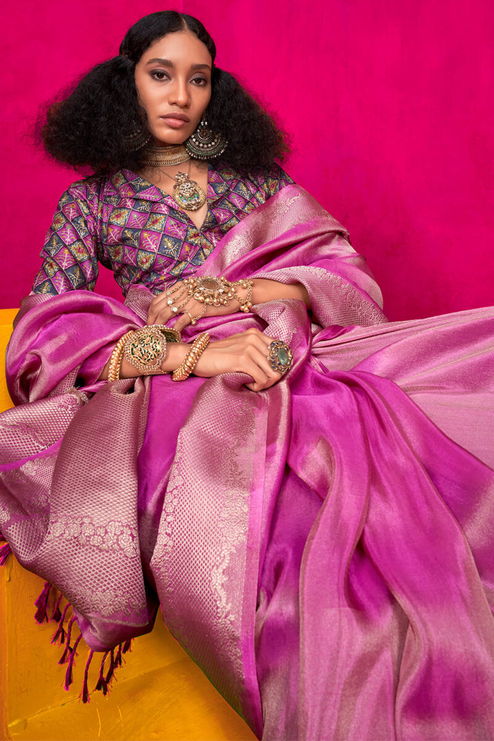 Raspberry Pink Tissue Silk Saree With Embroidery Blouse Piece