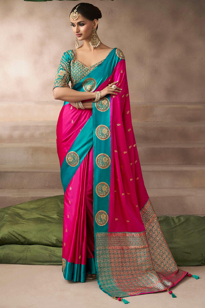 Raspberry Pink Zari Woven Satin Silk Saree With Heavy Embroidery Blouse Piece